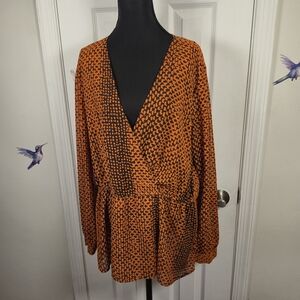 Michael Kors XL Orange Black Animal Print Faux-Wrap Peplum Blouse
